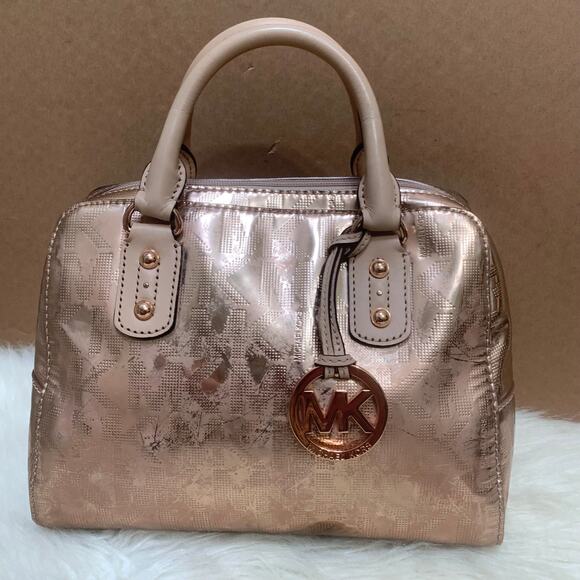 MICHAEL KORS Pink Gold Rose Gold Mirror Metallic Small Satchel w/Strap - Picture 2 of 16
